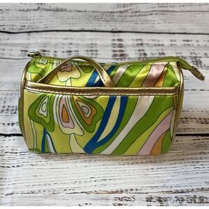 Avon Island Brights 70s Style Beauty Bag Make Up Mirror Green Gold Metallic Trim